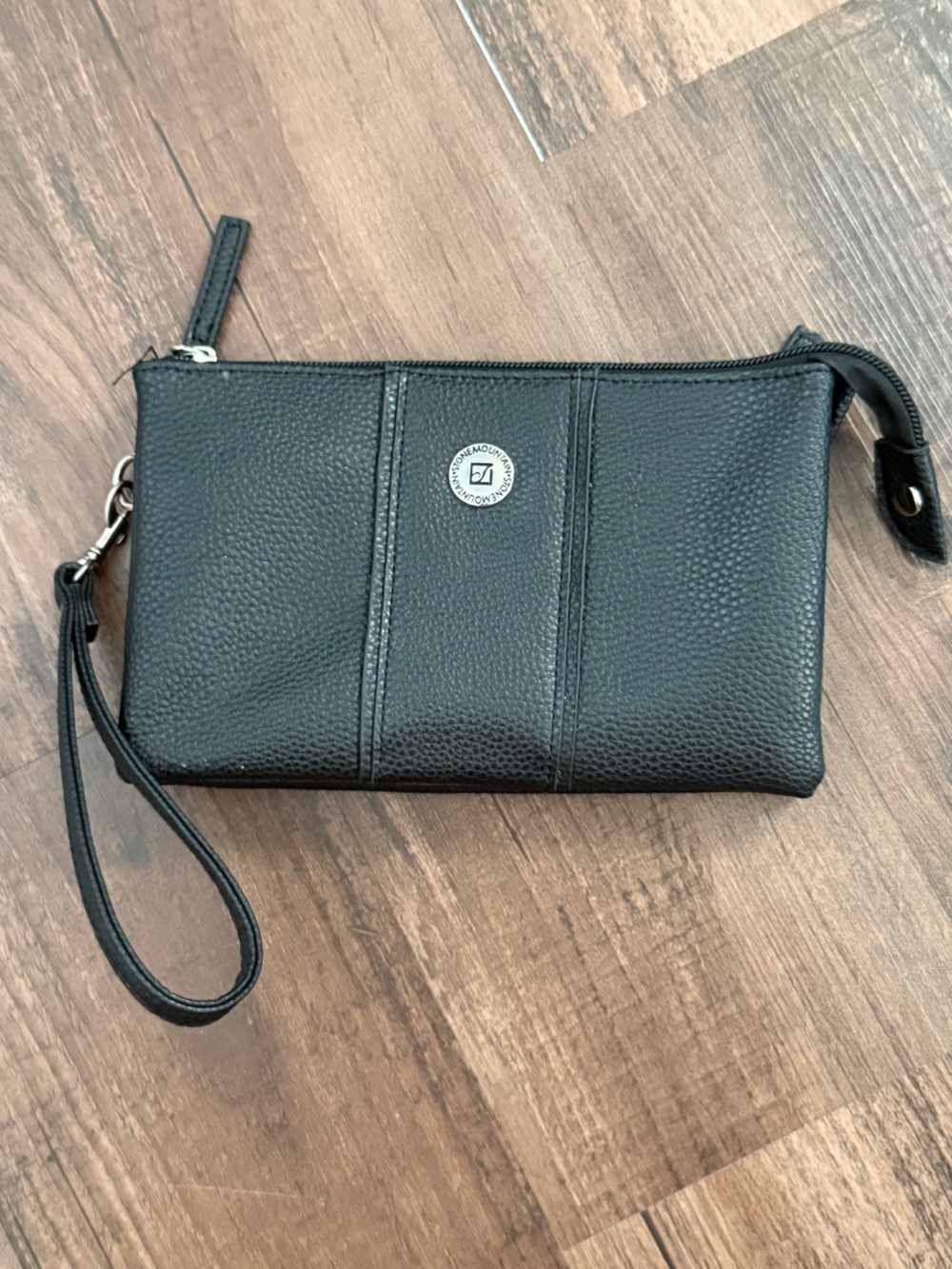 Black Pebbled Leather Wristlet Clutch with Logo Accent